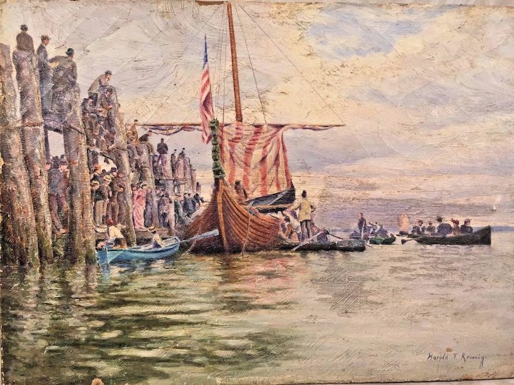 720x540 Antique Oil Painting On Canvas Viking Vessel By Harold T Kroenig - Viking Ship Painting