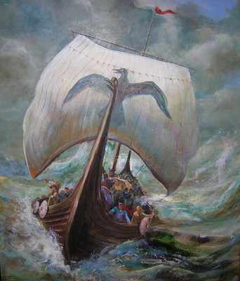 342x400 England Ahead Viking Raven Ship By Leon Goodman - Viking Ship Painting