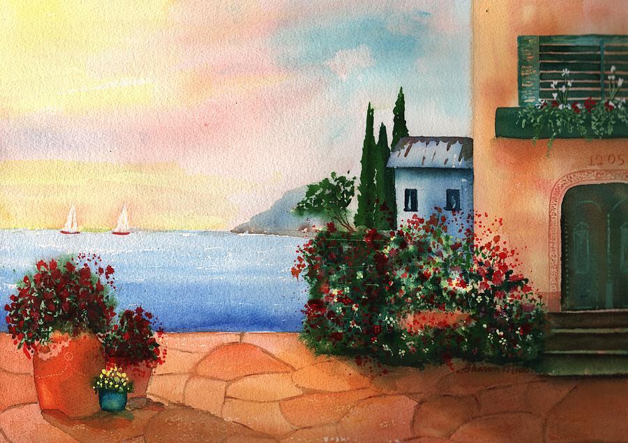 900x635 Italian Sunset Villa By The Sea Painting By Sharon Mick - Villa Painting