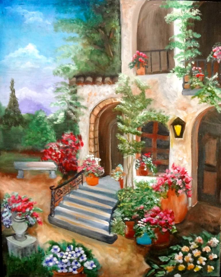 770x964 Saatchi Art Mediterranean Villa Painting By Jenny Jonah - Villa Painting