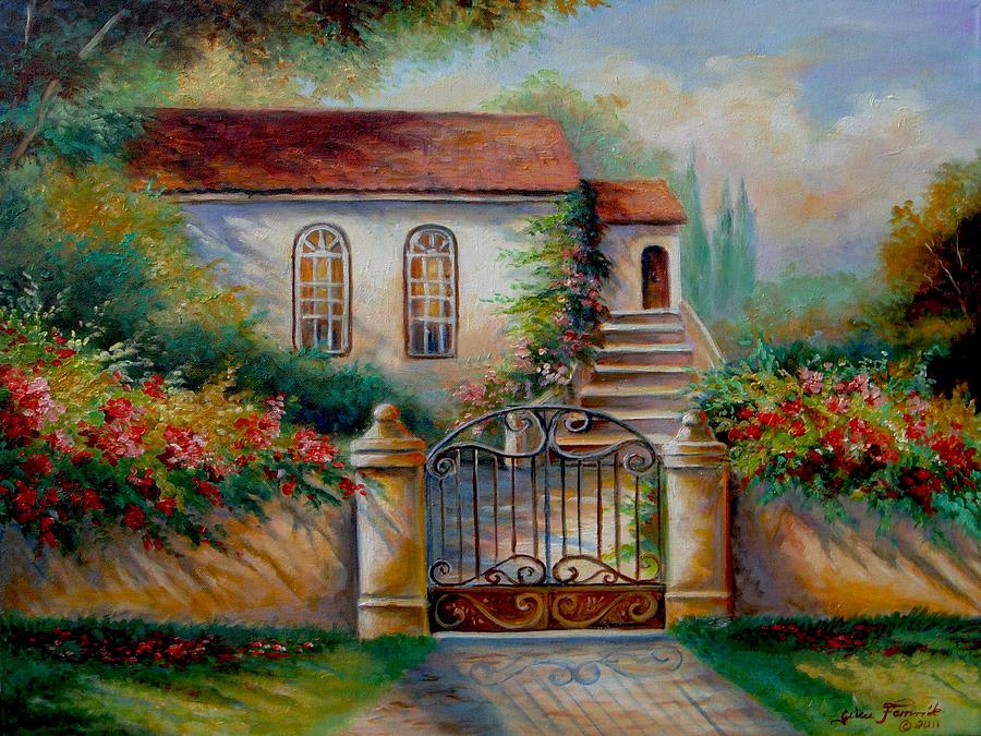 900x675 Garden Scene With Villa And Gate Painting By Regina Femrite - Villa Painting