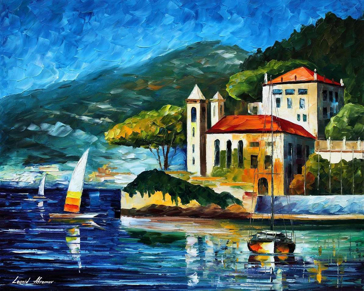 1195x955 Italy, Lake Como Villa Balbianello Palette Knife Oil Painting - Villa Painting