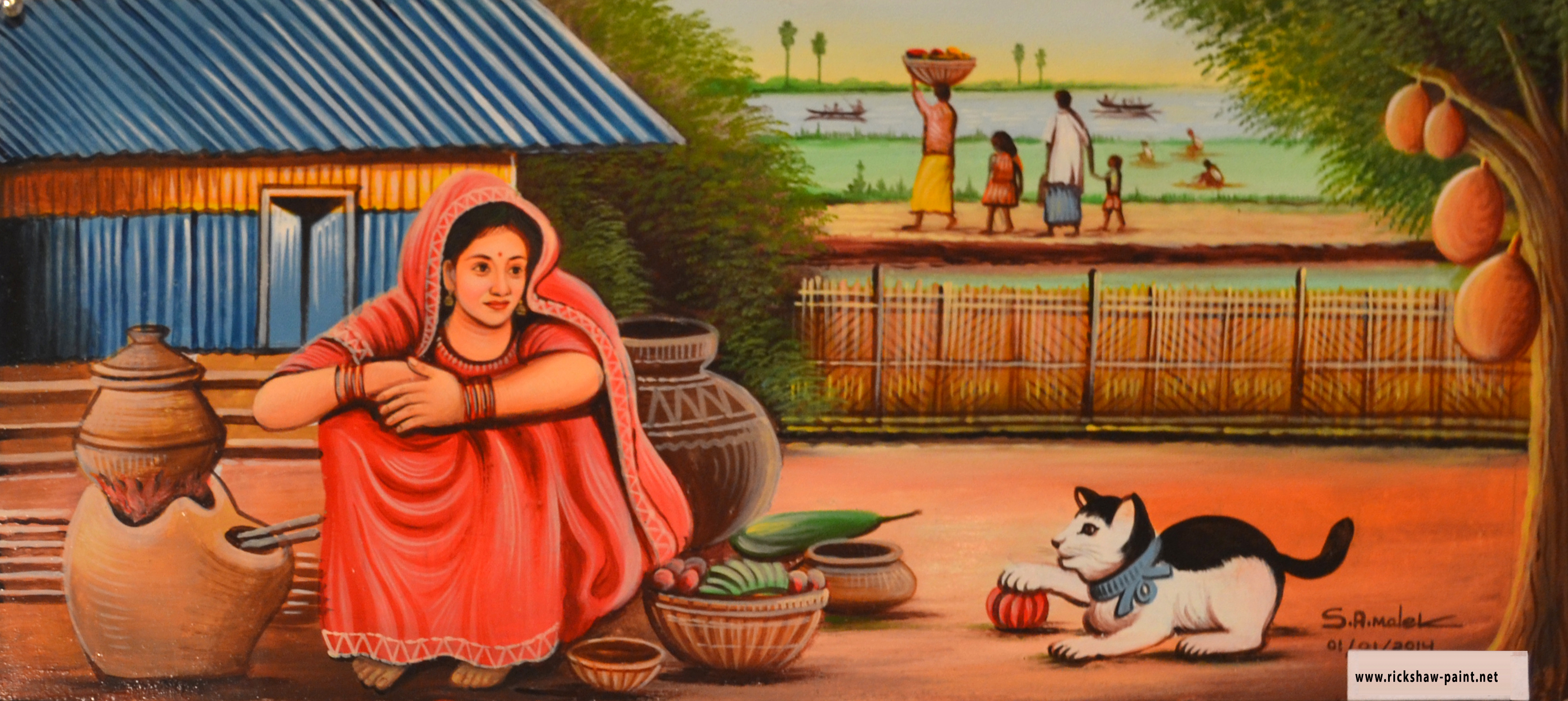 3564x1593 Village Girl Rickshaw Art - Village Girl Painting