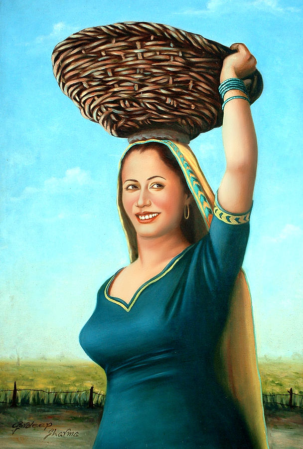 608x900 Village Girl Painting By Gurdeep Sharma - Village Girl Painting