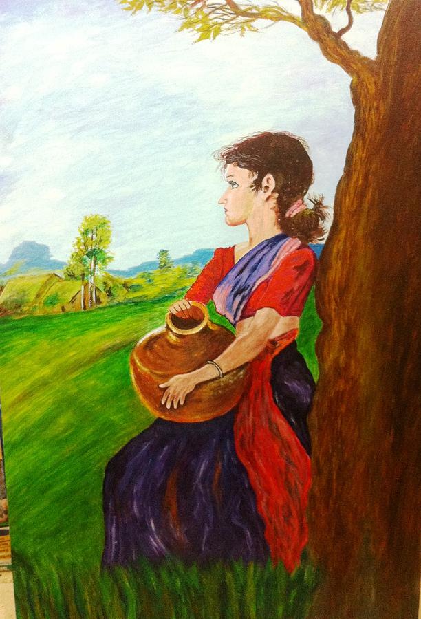 612x900 Village Lady Painting By Dhiraj Tripathi - Village Girl Painting
