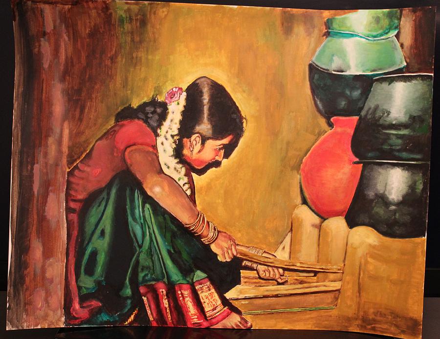 900x695 Indian Village Girl Painting By Devraj - Village Girl Painting