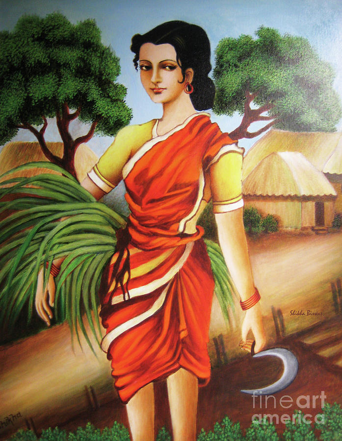 697x900 Indian Village Girl Reaper Painting By Shikha Biswas - Village Girl Painting