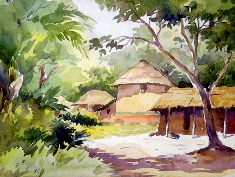 770x578 Saatchi Art Beauty Of Bengal Village Watercolor On Paper Painting - Village Painting