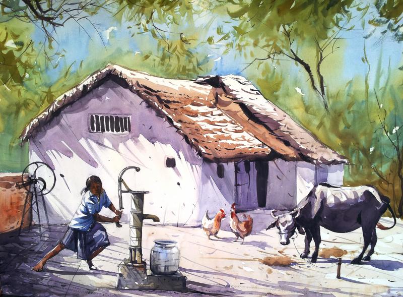 800x589 Village House By Artist Amit Kapoor Landscape Art Watercolor - Village Painting
