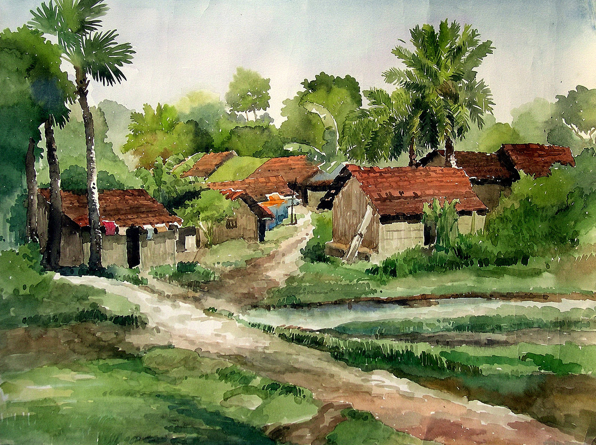 1200x896 Village Scene By Artist Sankar Nag Impressionism, Painting - Village Painting