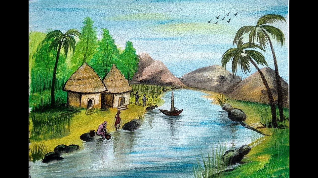 1280x720 Village Scenery Painting Landscape Acrylic Painting - Village Painting