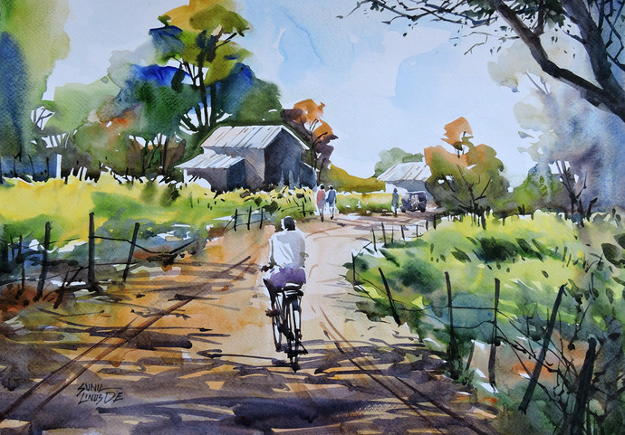 690x481 Village By Artist Sunil Linus De Impressionism, Painting - Village Painting