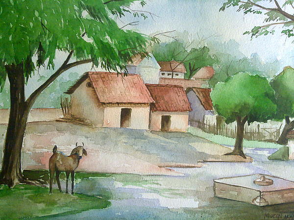 600x449 Indian Village Painting By Mueen Akhtar - Village Painting