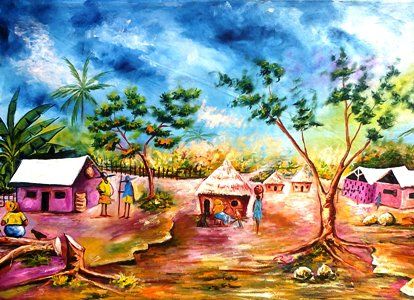 414x300 African Village Scene - Village Painting Images