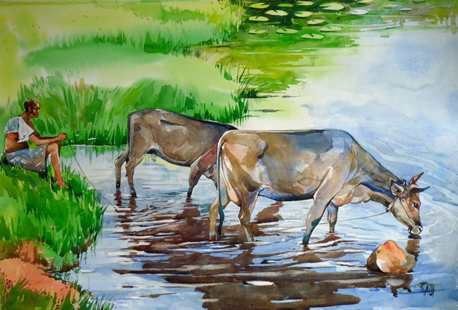 900x610 Village Painting By Artist Raji P - Village Painting Images