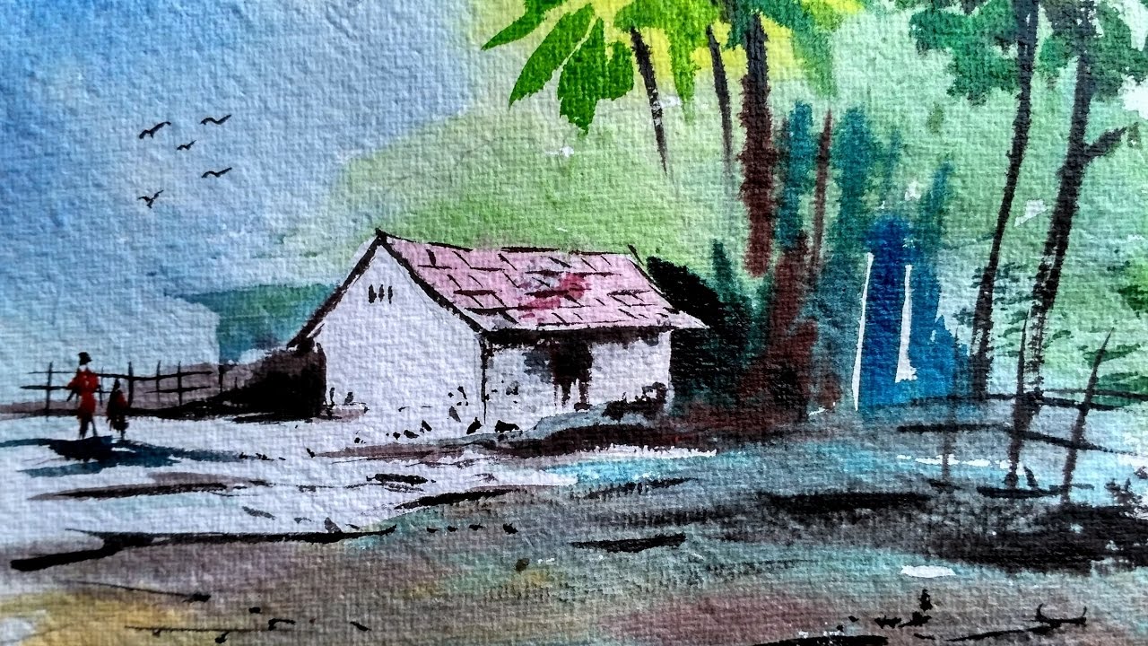 1280x720 How To Paint A Simple Village Scene In Watercolour Paint - Village Scene Painting