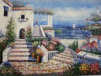 400x300 Seascape Mediterranean Scenes Village Office Background High - Village Scene Painting