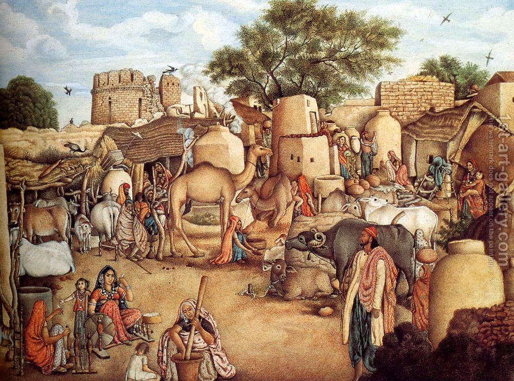 1000x742 A Village Scene In The Punjab Gulam Ali Khan Reproduction 1st - Village Scene Painting