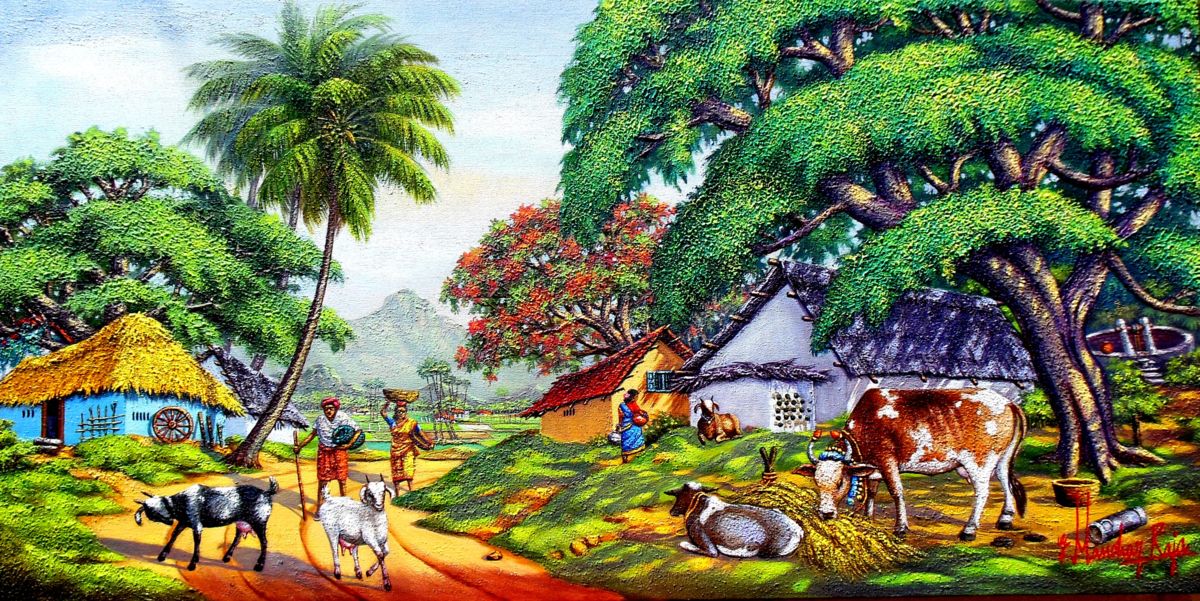 1200x601 Village Scene (Landscape Artist G.manohar Raja) - Village Scene Painting