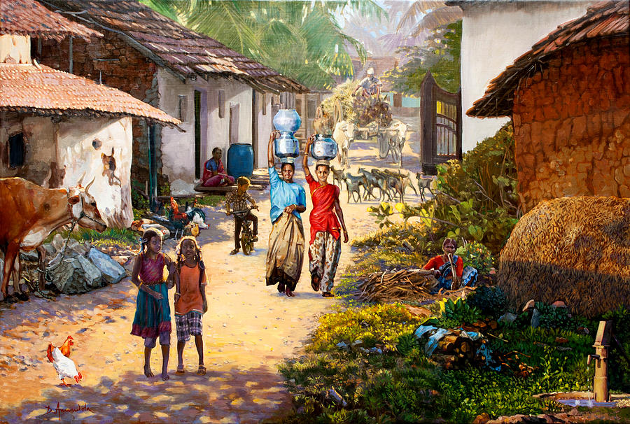 900x606 Village Scene In India Painting By Dominique Amendola - Village Scene Painting