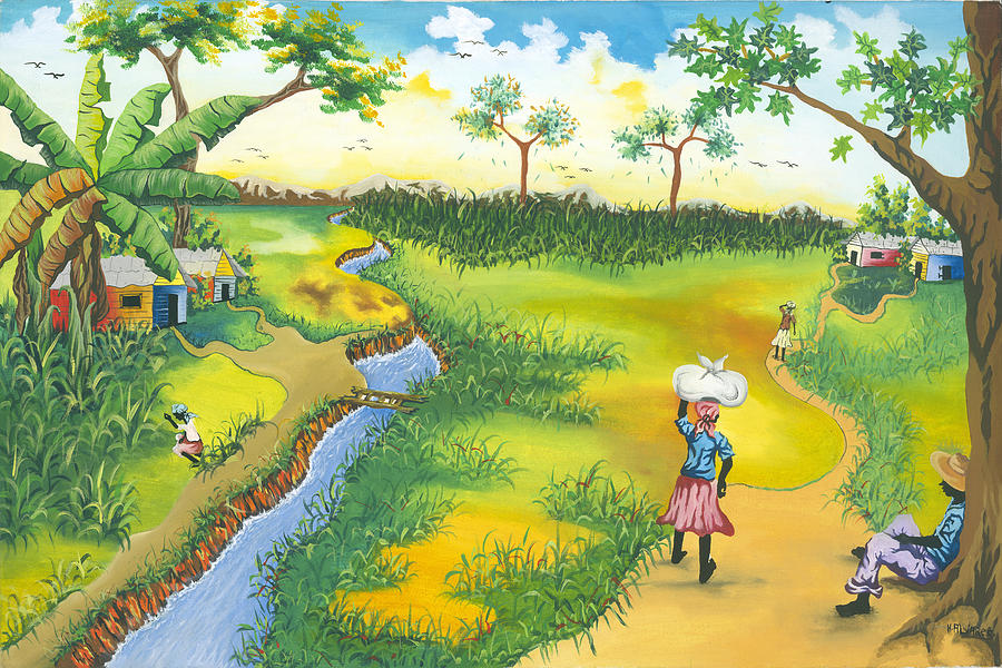 900x600 Village Scene Painting By Herold Alveras - Village Scene Painting