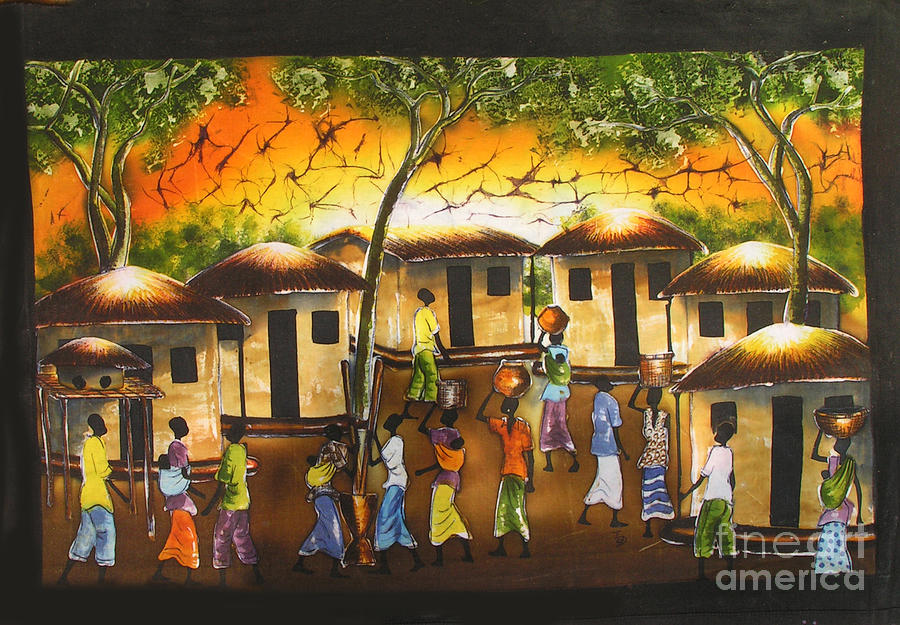 900x625 Village Scene Painting By Ted Samuel Mkoweka - Village Scene Painting
