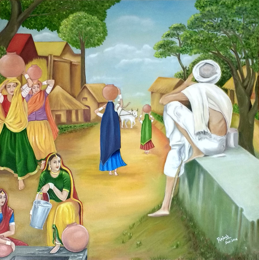 898x900 Village Scene Panghat Painting By Artist Rajesh Sharma - Village Scene Painting