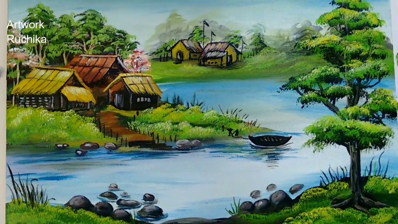 1280x720 Village Scenery In Beautiful Landscape Acrylic Painting - Village Scene Painting