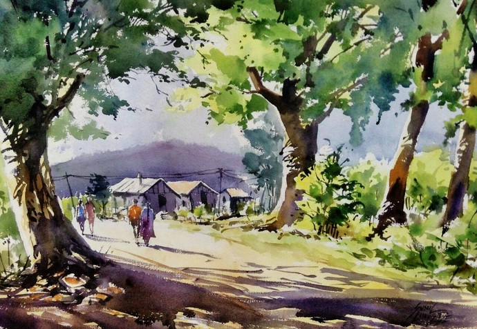 690x477 Village Scene By Artist Sunil Linus De Impressionism, Painting - Village Scene Painting