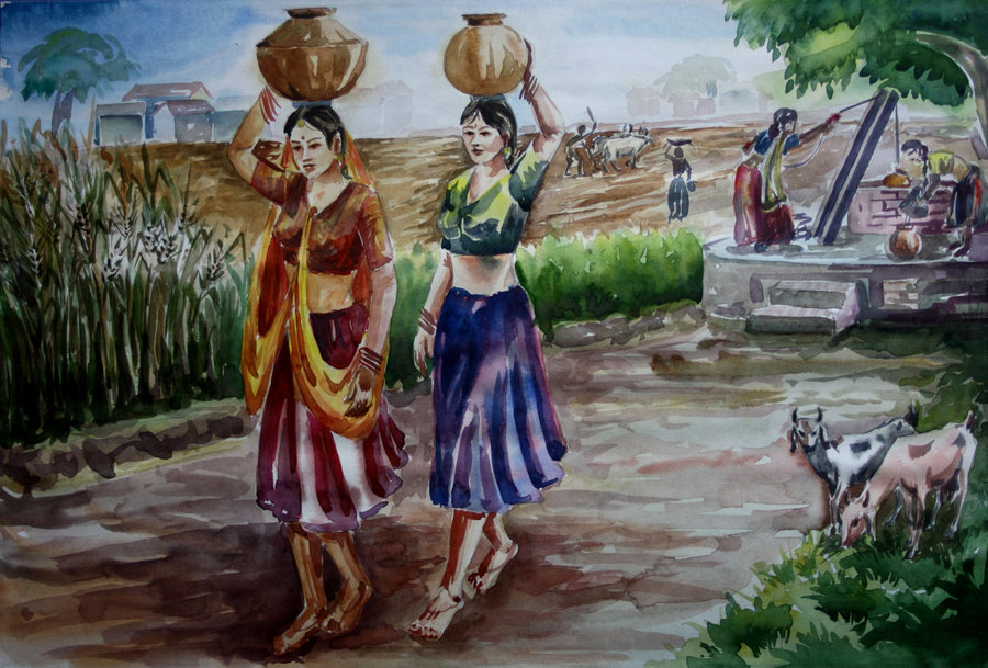 900x609 Village Scene By Sajal180by2 - Village Scene Painting