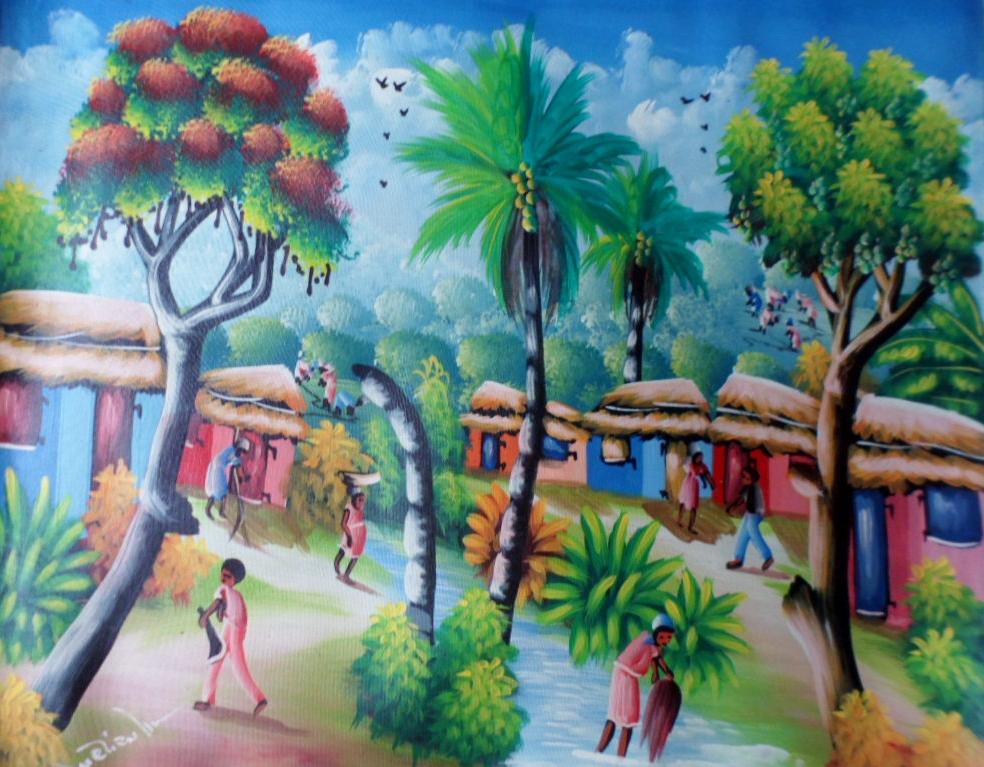 984x767 Extraordinary Haitian Art Oil Village Scene Painting - Village Scene Painting