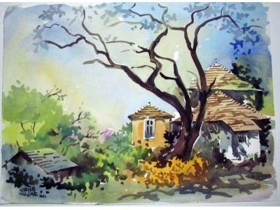 400x300 Goan Village Scene, Masterpiece Water Color Paintings Items Goa - Village Scene Painting