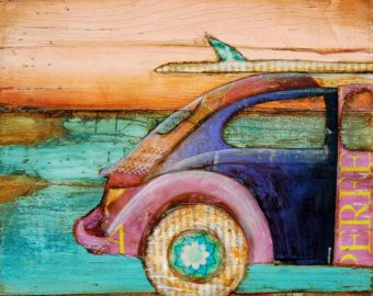 340x270 Art Print Vw Volkswagen Van Bus Retro Vintage Beach Coastal - Vintage Beach Painting