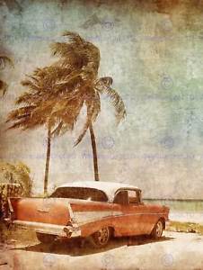 226x300 Painting Drawing Vintage Car Tropical Palm Beach Art Print Poster - Vintage Beach Painting