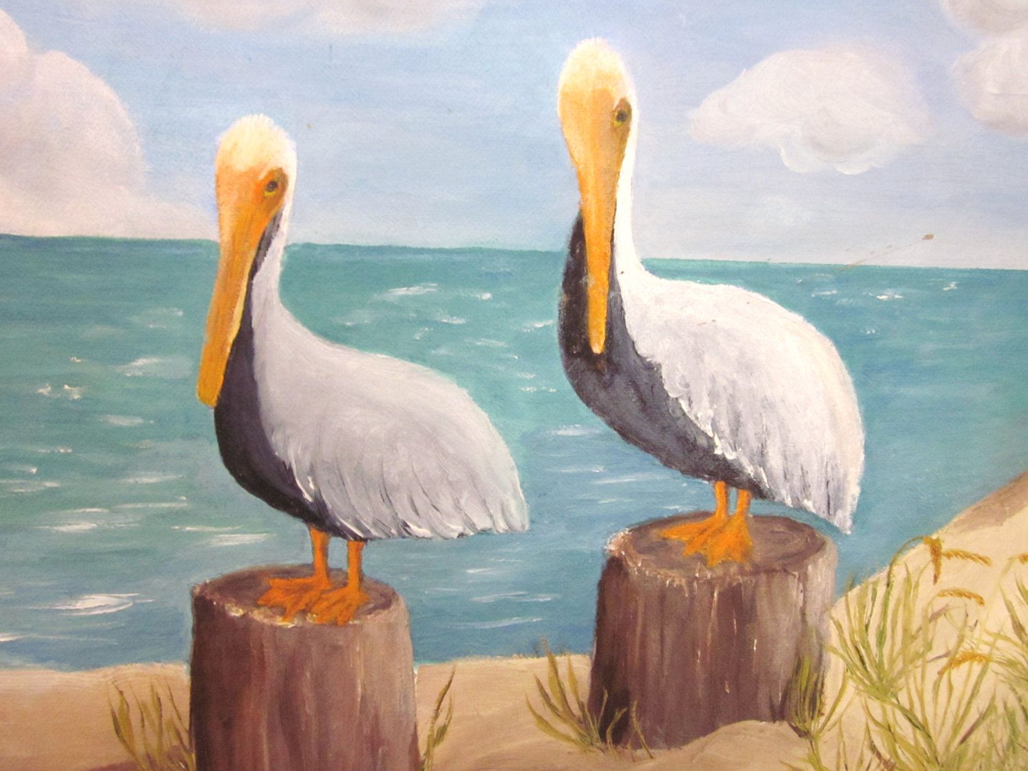 1500x1125 Vintage Pelicans Oil Painting, Pelicans On Pylons - Vintage Beach Painting