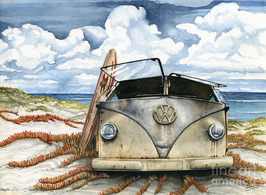 900x659 Vw Bus On The Beach Painting By James Stanley - Vintage Beach Painting