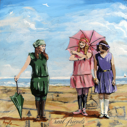 432x432 Vintage Image Women On Beach Mixed Media Original Painting By - Vintage Beach Painting