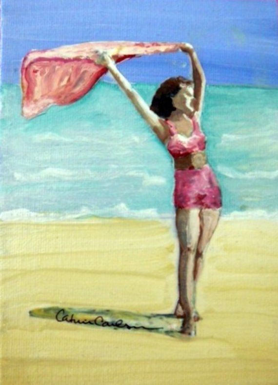 570x789 Fine Art. Vintage Inspired Beach Babe. Painting On 5 X 7 Canvas - Vintage Beach Painting