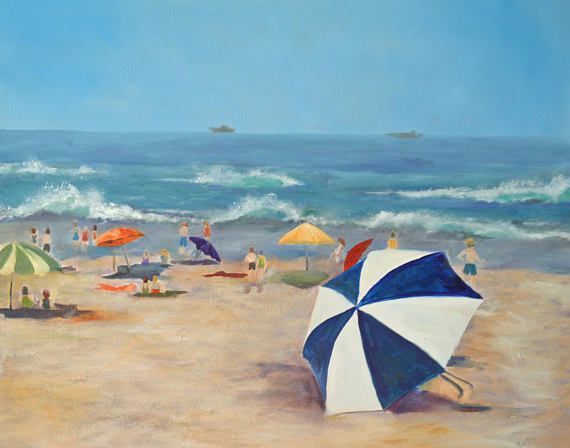 570x448 Hermosa Beach 1935 Original Oil Painting Vintage Beach Scene - Vintage Beach Painting