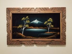 300x225 Vintage Mexican Black Velvet Painting Framed Mountain Lake Scenery - Vintage Black Velvet Painting