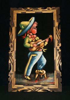 236x336 Vintage Black Velvet Painting Guitarrista Rare Mexican Black - Vintage Black Velvet Painting
