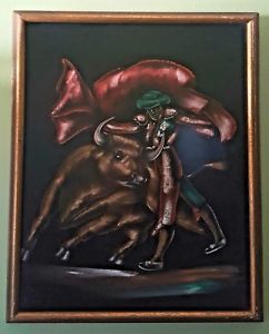 242x300 Vintage Black Velvet Painting Matador Bull Fighting Fighter Wooden - Vintage Black Velvet Painting