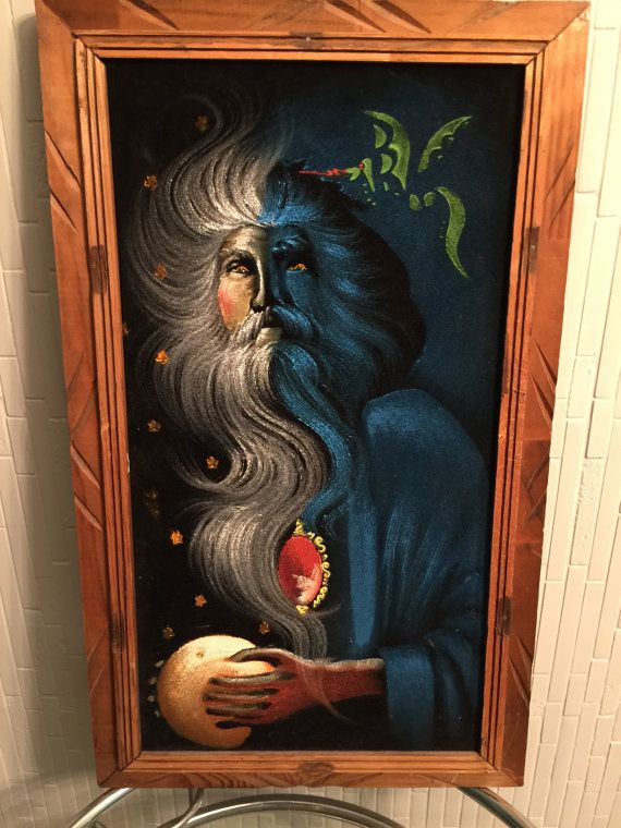 570x760 Vintage Black Velvet Painting Wizard Good Day Night Dragon Black - Vintage Black Velvet Painting