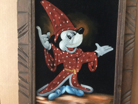 570x428 Vintage Black Velvet Painting Of Fantasia Mickey Mouse - Vintage Black Velvet Painting