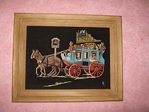 300x225 Vintage Black Velvet Painting Horse Drawn Carriage Old England - Vintage Black Velvet Painting