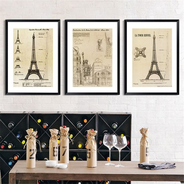 640x640 Haochu Eiffel Tower Statue Of Liberty Line Drawing Vintage Canvas - Vintage Canvas Painting