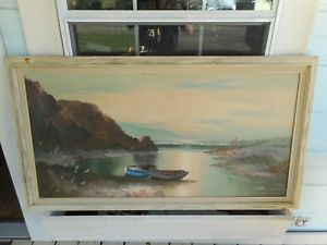 300x225 Vintage H. Gailey Large Oil On Canvas Painting Seascape Wooden - Vintage Canvas Painting