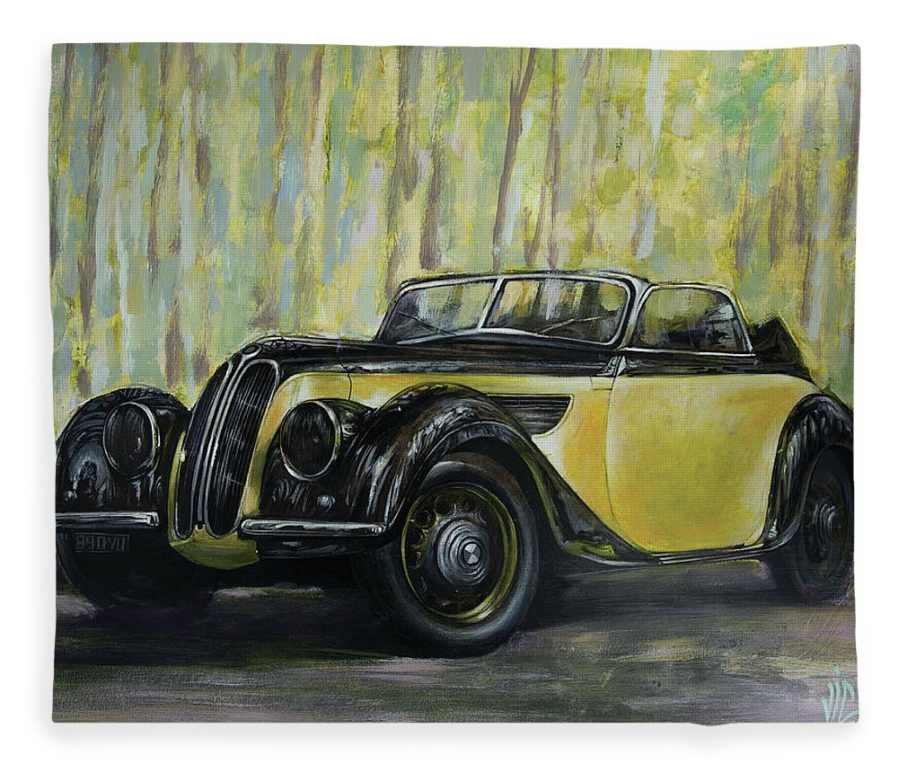 1000x860 Old Bmw Yellow Car Painted On Leather, Vintage 1938 Fleece Blanket - Vintage Car Painting