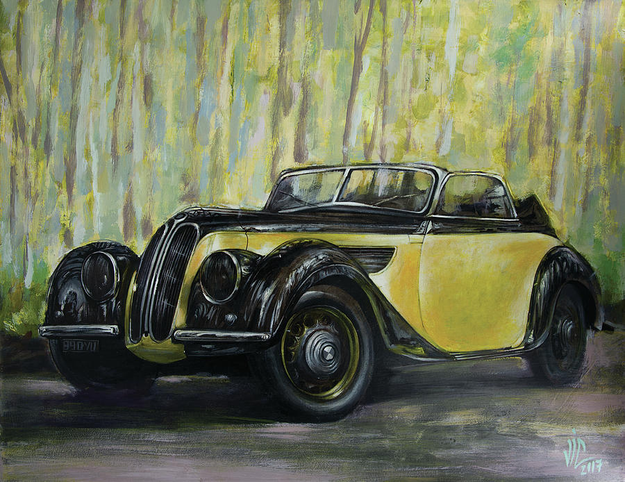 900x694 Old Bmw Yellow Car Painted On Leather, Vintage 1938 Painting By - Vintage Car Painting