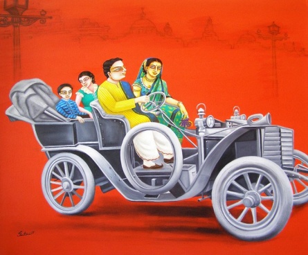 445x368 1920 Vintage Car By Artist Gautam Mukherjii Figurative Art - Vintage Car Painting